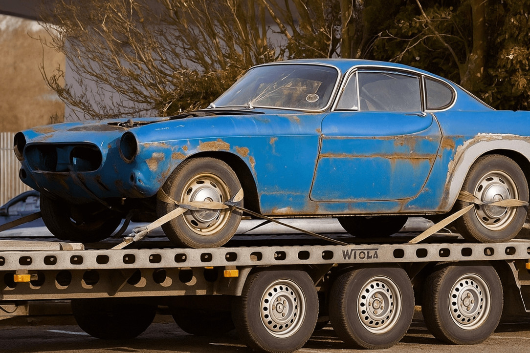 a rusty blue car with a salvage title