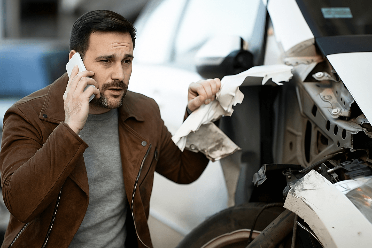 a frustrated driver near his salvage car