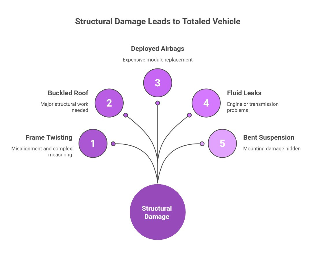 diagram showing five types of structural damage that can total a vehicle
