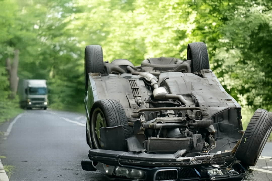 overturned car lying upside down on a rural road after a crash