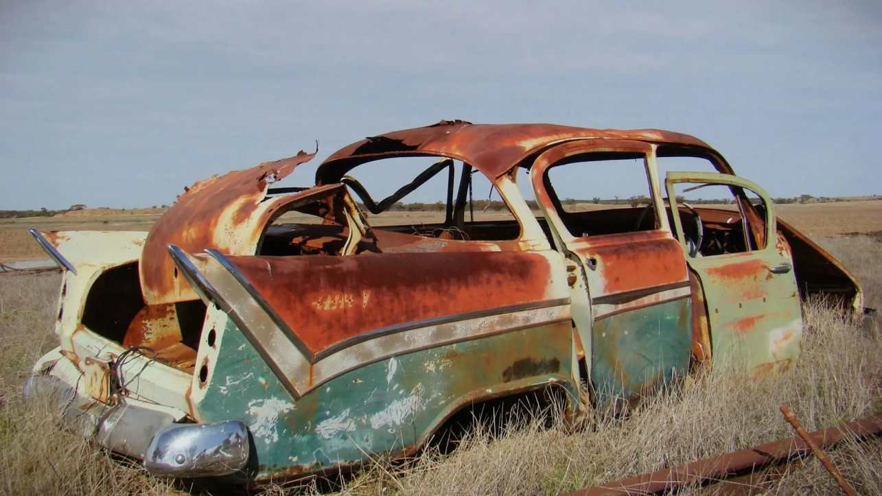 a junk car in thick grass
